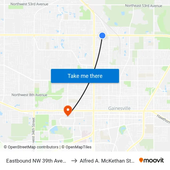 Eastbound NW 39th Avenue @ NW 10th Street to Alfred A. McKethan Stadium at Perry Field map