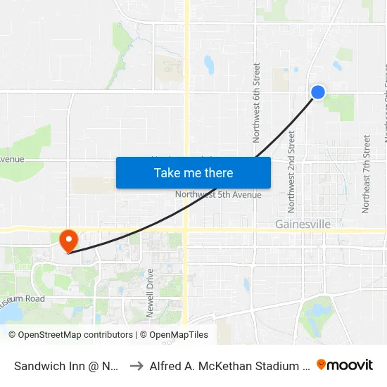 Sandwich Inn @ NE 16th Ave to Alfred A. McKethan Stadium at Perry Field map