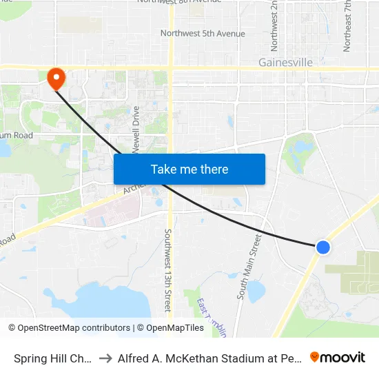 Spring Hill Church to Alfred A. McKethan Stadium at Perry Field map