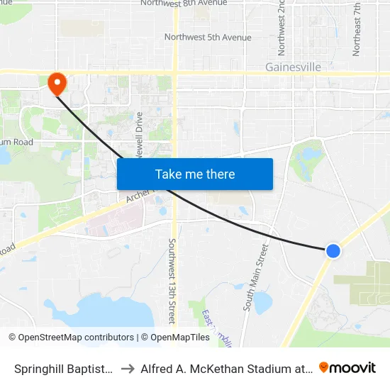 Springhill Baptist Church to Alfred A. McKethan Stadium at Perry Field map