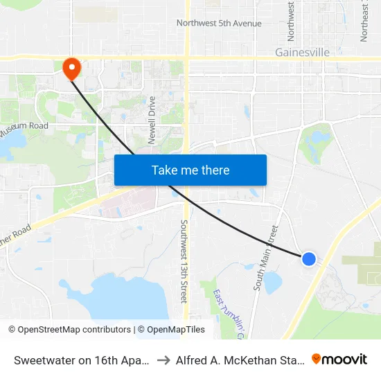 Sweetwater on 16th Apartments Westbound to Alfred A. McKethan Stadium at Perry Field map