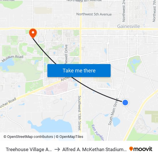 Treehouse Village Apartments to Alfred A. McKethan Stadium at Perry Field map