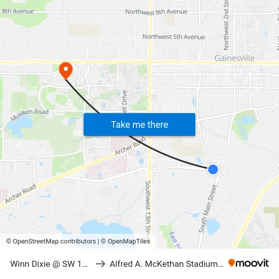 Winn Dixie @ SW 16th Avenue to Alfred A. McKethan Stadium at Perry Field map