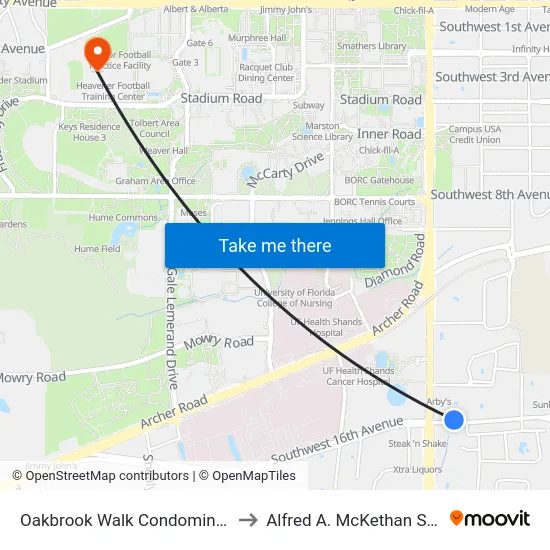 Oakbrook Walk Condominiums @ SW 16th Avenue to Alfred A. McKethan Stadium at Perry Field map