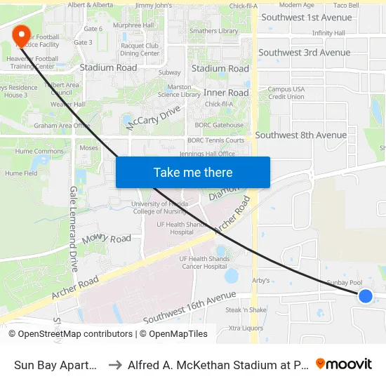 Sun Bay Apartments to Alfred A. McKethan Stadium at Perry Field map
