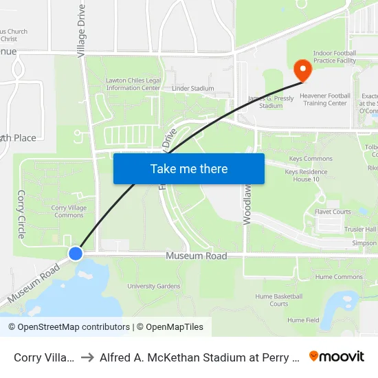 Corry Village to Alfred A. McKethan Stadium at Perry Field map