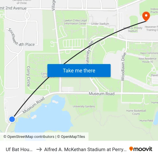 Uf Bat Houses to Alfred A. McKethan Stadium at Perry Field map