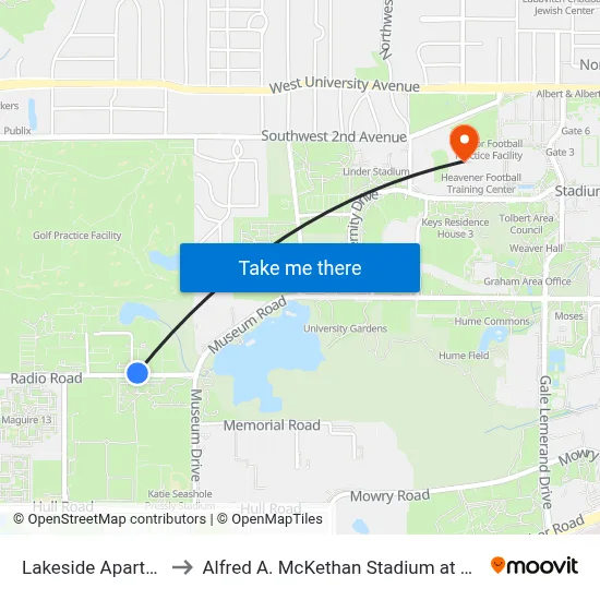 Lakeside Apartments to Alfred A. McKethan Stadium at Perry Field map