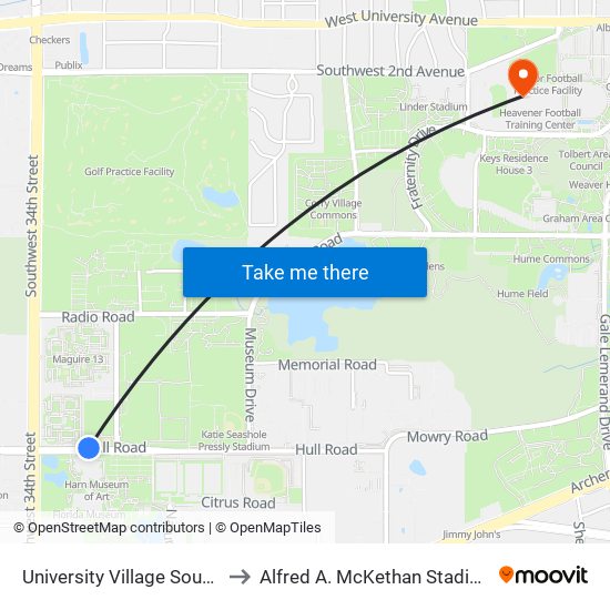 University Village South Apartments to Alfred A. McKethan Stadium at Perry Field map