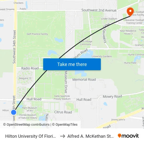 Hilton University Of Florida Conference Center to Alfred A. McKethan Stadium at Perry Field map