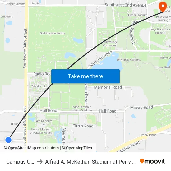 Campus Usa to Alfred A. McKethan Stadium at Perry Field map
