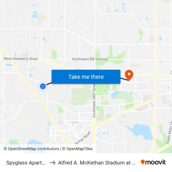 Spyglass Apartments to Alfred A. McKethan Stadium at Perry Field map