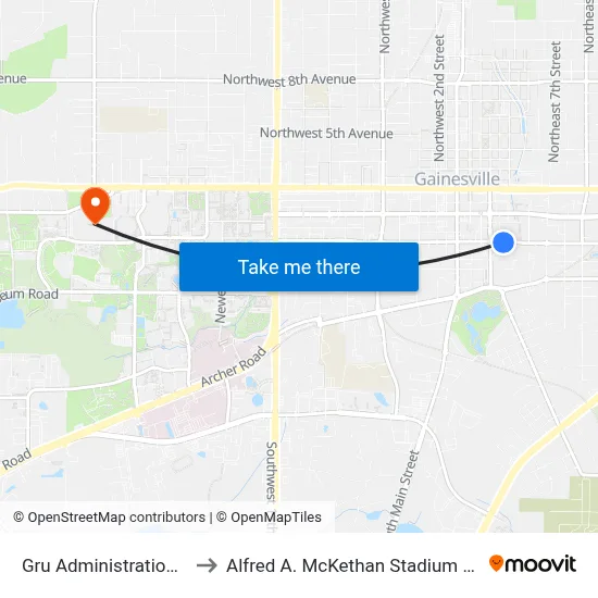 Gru Administration Building to Alfred A. McKethan Stadium at Perry Field map