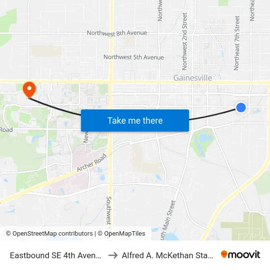 Eastbound SE 4th Avenue @ SE 8th Street to Alfred A. McKethan Stadium at Perry Field map