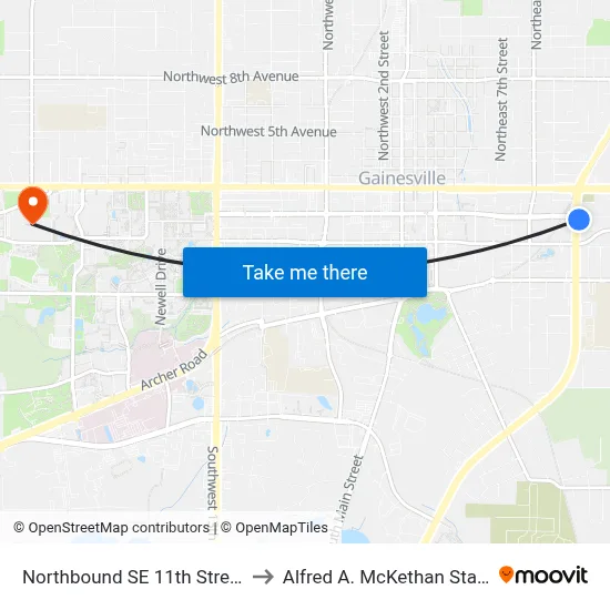 Northbound SE 11th Street @ SE 2nd Avenue to Alfred A. McKethan Stadium at Perry Field map