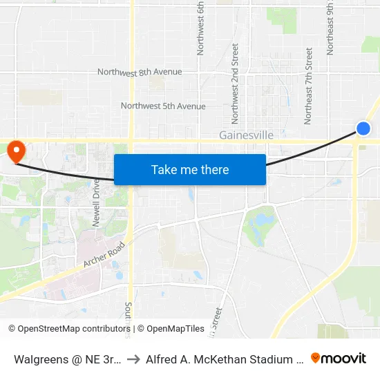 Walgreens @ NE 3rd Avenue to Alfred A. McKethan Stadium at Perry Field map