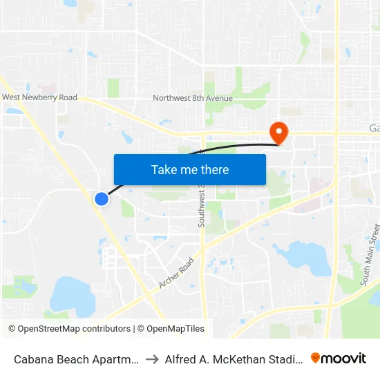 Cabana Beach Apartments (Entrance) to Alfred A. McKethan Stadium at Perry Field map