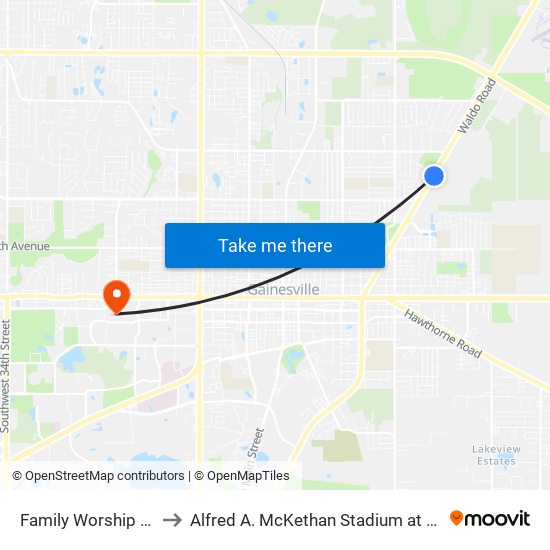 Family Worship Center to Alfred A. McKethan Stadium at Perry Field map