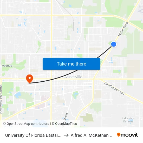 University Of Florida Eastside Campus @ Waldo Road to Alfred A. McKethan Stadium at Perry Field map