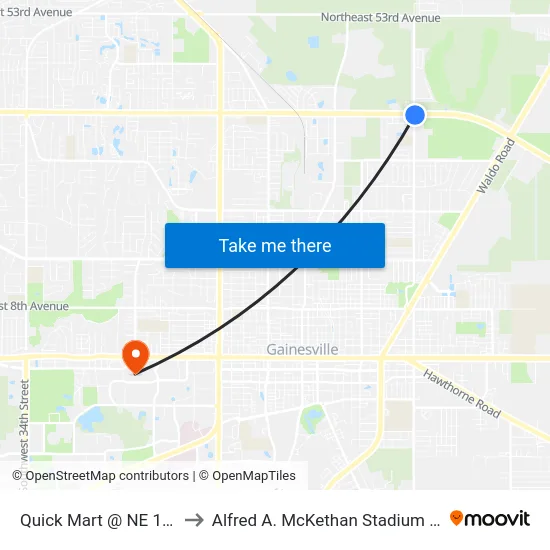 Quick Mart @ NE 15th Street to Alfred A. McKethan Stadium at Perry Field map