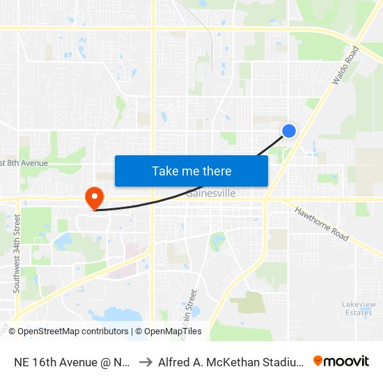 NE 16th Avenue @ NE 15th Street to Alfred A. McKethan Stadium at Perry Field map