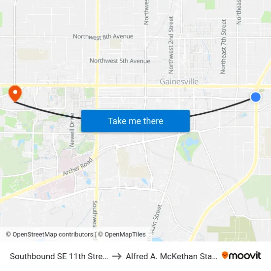 Southbound SE 11th Street @ SE 2nd Avenue to Alfred A. McKethan Stadium at Perry Field map