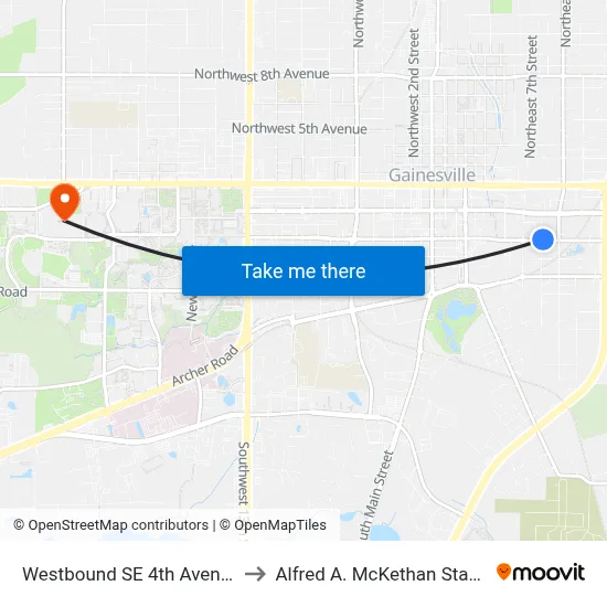 Westbound SE 4th Avenue @ SE 8th Street to Alfred A. McKethan Stadium at Perry Field map