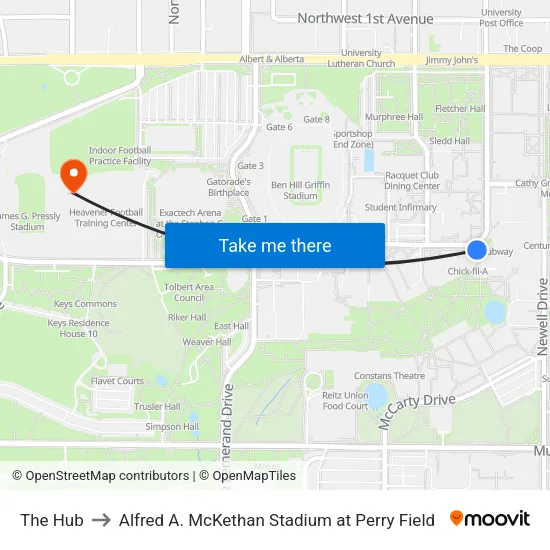 The Hub to Alfred A. McKethan Stadium at Perry Field map