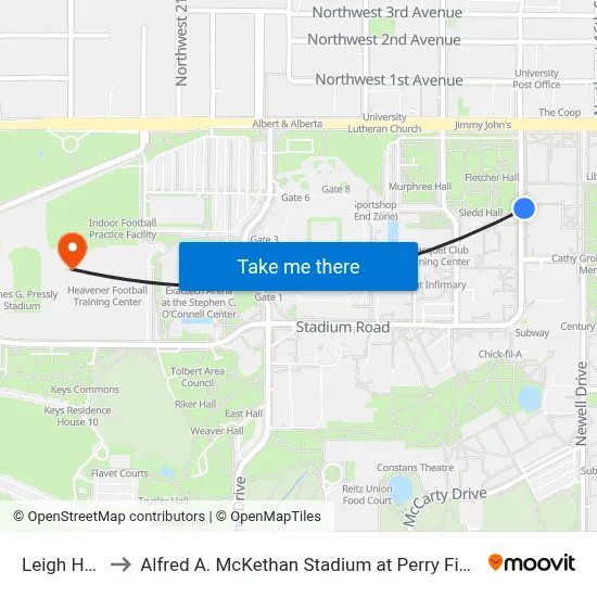 Leigh Hall to Alfred A. McKethan Stadium at Perry Field map