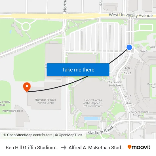 Ben Hill Griffin Stadium North End Zone to Alfred A. McKethan Stadium at Perry Field map