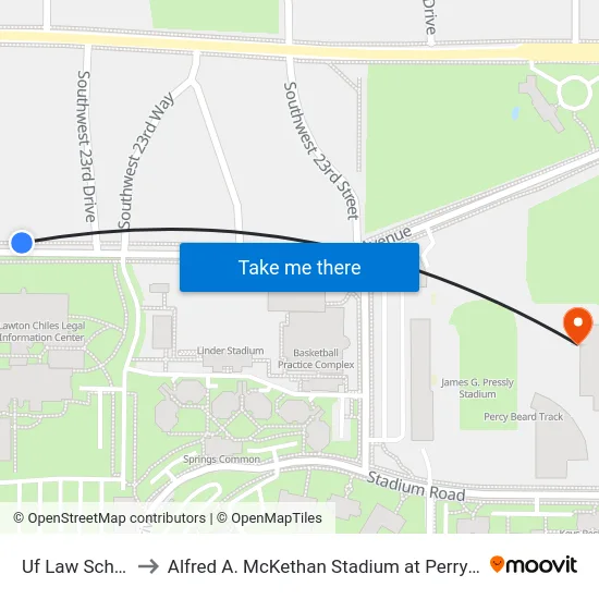 Uf Law School to Alfred A. McKethan Stadium at Perry Field map