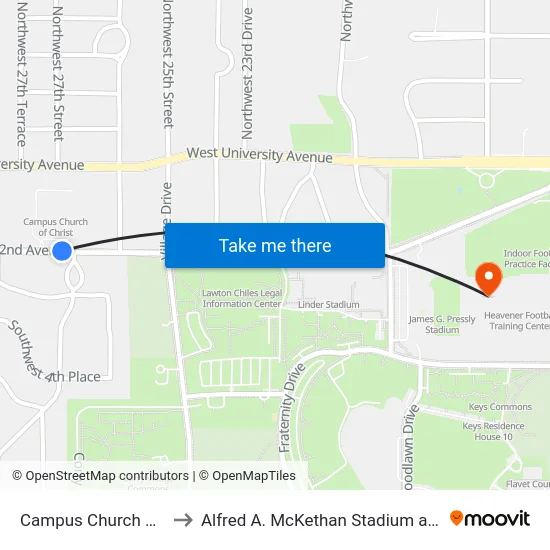 Campus Church Of Christ to Alfred A. McKethan Stadium at Perry Field map