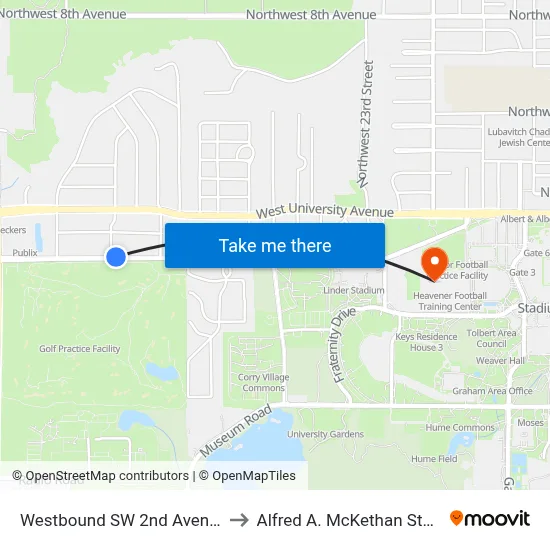 Westbound SW 2nd Avenue @ SW 30th Street to Alfred A. McKethan Stadium at Perry Field map