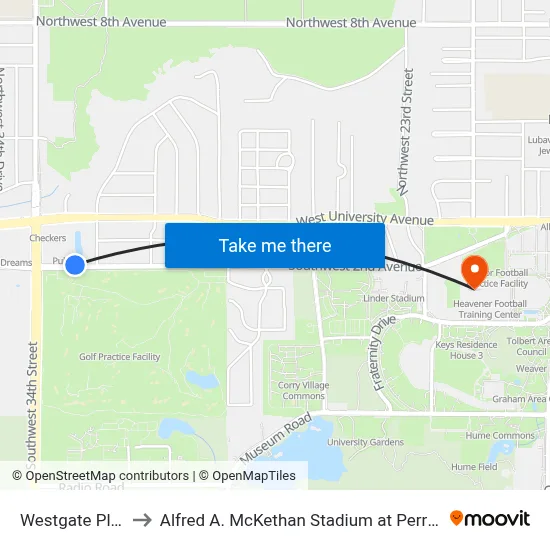 Westgate Plaza to Alfred A. McKethan Stadium at Perry Field map
