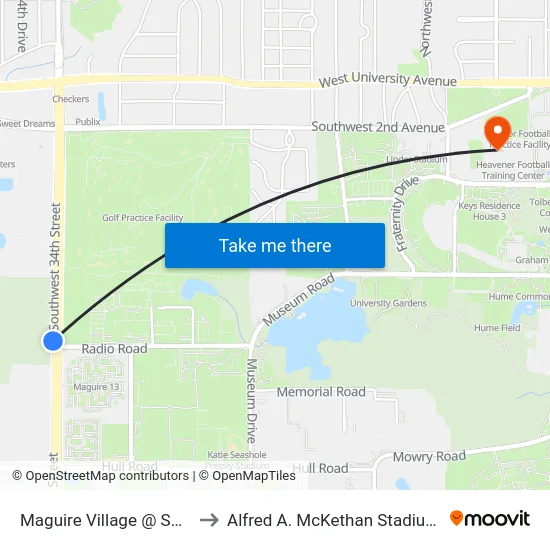 Maguire Village @ SW 34th Street to Alfred A. McKethan Stadium at Perry Field map