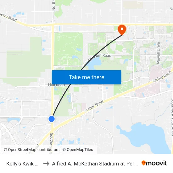 Kelly's Kwik Stop to Alfred A. McKethan Stadium at Perry Field map