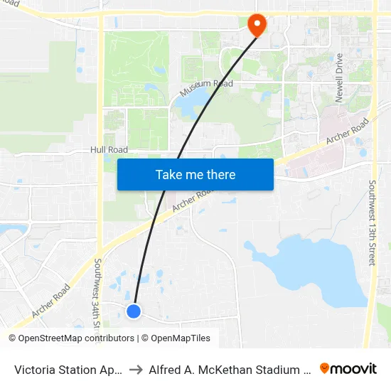 Victoria Station Apartments to Alfred A. McKethan Stadium at Perry Field map