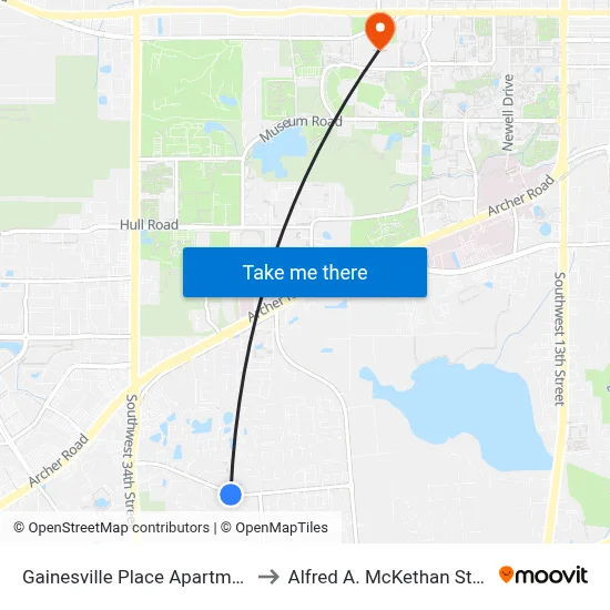 Gainesville Place Apartments @ SW 35th Place to Alfred A. McKethan Stadium at Perry Field map
