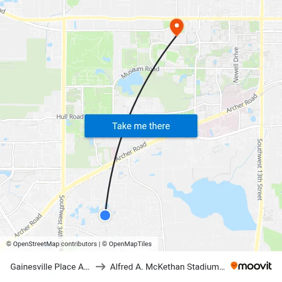 Gainesville Place Apartments to Alfred A. McKethan Stadium at Perry Field map