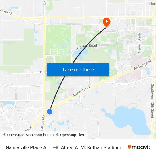 Gainesville Place Apartments to Alfred A. McKethan Stadium at Perry Field map
