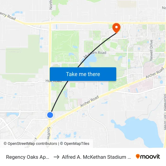 Regency Oaks Apartments to Alfred A. McKethan Stadium at Perry Field map
