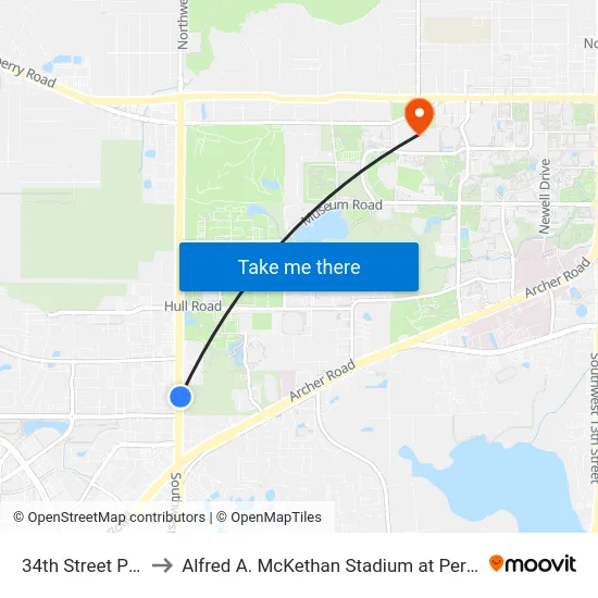 34th Street Plaza to Alfred A. McKethan Stadium at Perry Field map