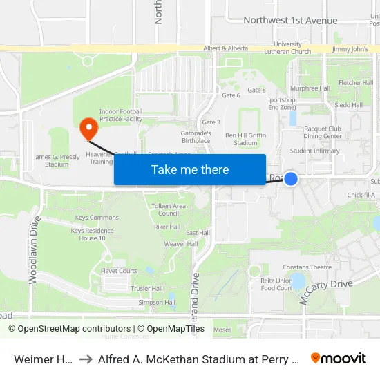 Weimer Hall to Alfred A. McKethan Stadium at Perry Field map