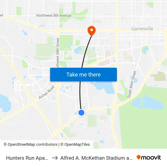 Hunters Run Apartments to Alfred A. McKethan Stadium at Perry Field map