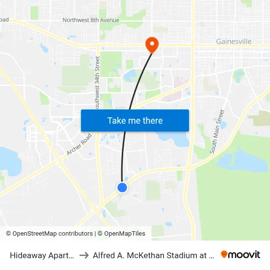 Hideaway Apartments to Alfred A. McKethan Stadium at Perry Field map