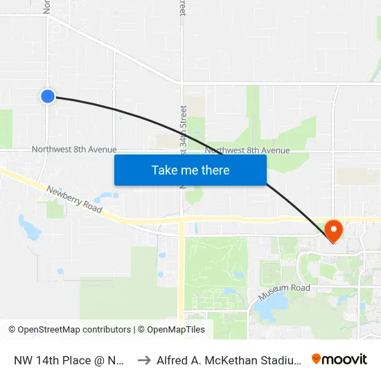 NW 14th Place @ NW 43rd Street to Alfred A. McKethan Stadium at Perry Field map