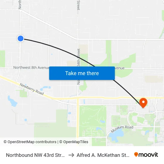 Northbound NW 43rd Street @ NW 16th Place to Alfred A. McKethan Stadium at Perry Field map