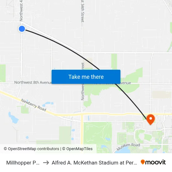 Millhopper Plaza to Alfred A. McKethan Stadium at Perry Field map