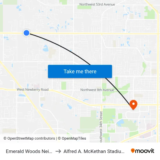 Emerald Woods Neighborhood to Alfred A. McKethan Stadium at Perry Field map