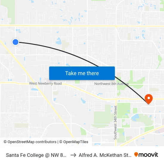 Santa Fe College @ NW 83rd Street (Northbound) to Alfred A. McKethan Stadium at Perry Field map